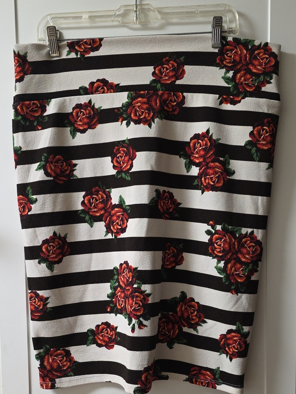 LuLaRoe Black & White Striped Pencil Skirt with Red Rose Print Size 2X